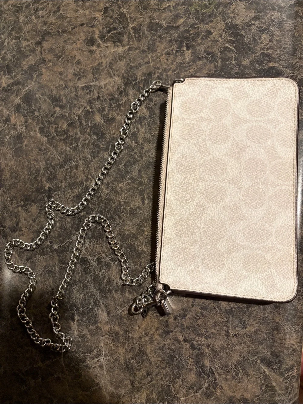 Coach Cream Signature Crossbody with Pale Lilac Tab and Silver Chain